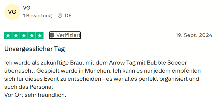 Kundenbewertung zu Mister Neo Arrow Tag und Bubble Soccer JGA in München – 5 Sterne Rezension