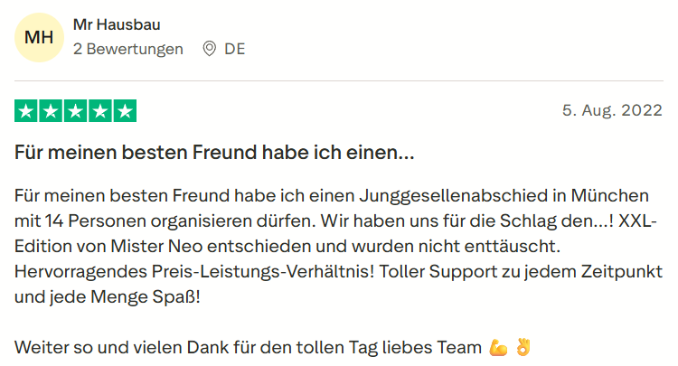 Kundenbewertung zu Mister Neo Schlag den XXL JGA in München – 5 Sterne Rezension