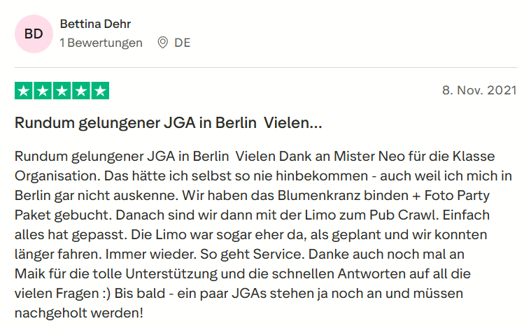 Kundenbewertung zu Mister Neo Blumenkranz binden, Fotoshooting, Limo Tour, Pub Crawl JGA in Berlin – 5 Sterne Rezension