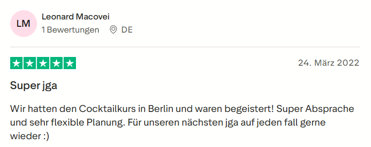 Kundenbewertung zu Mister Neo Cocktailkurs JGA in Berlin – 5 Sterne Rezension
