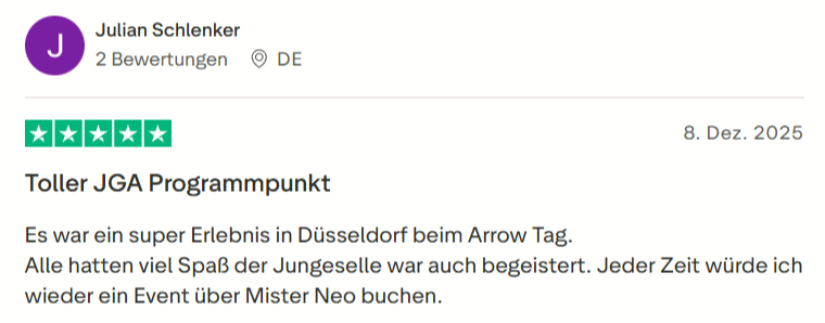 Kundenbewertung zu Mister Neo Arrow Tag JGA in Düsseldorf – 5 Sterne Rezension