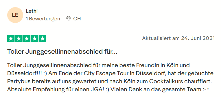 Kundenbewertung zu Mister Neo City Escape, Partybus, Cocktailkurs JGA in Düsseldorf – 5 Sterne Rezension