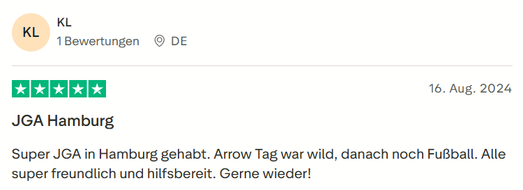 Kundenbewertung zu Mister Neo Arrow Tag und Bubble Soccer JGA in Hamburg – 5 Sterne Rezension