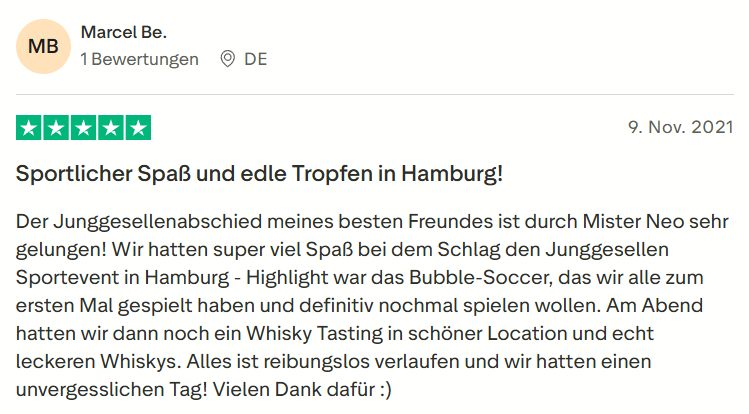 Kundenbewertung zu Mister Neo Schlag den ...! Sport-Edition JGA in Hamburg – 5 Sterne Rezension