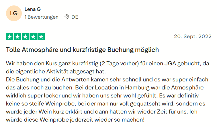 Kundenbewertung zu Mister Neo Weinprobe JGA in Hamburg – 5 Sterne Rezension