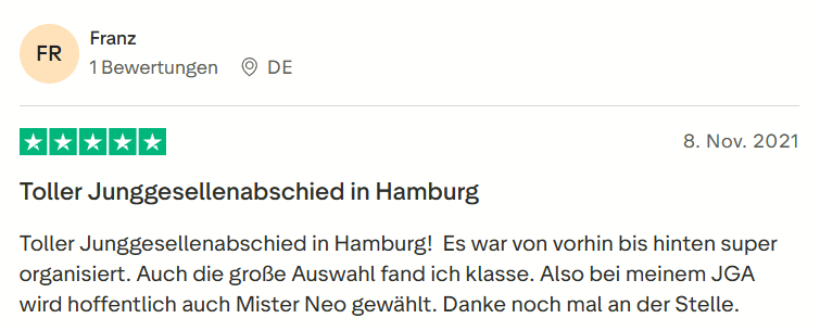 Kundenbewertung zu Mister Neo JGA in Hamburg – 5 Sterne Rezension