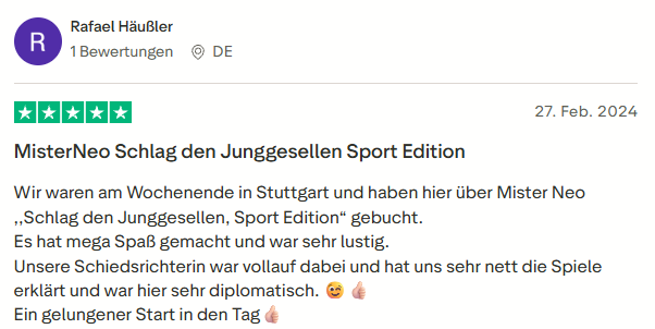 positive Bewertung zu Schlag den Junggesellen! Sport Edition mit Mister Neo