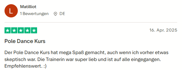 positive Bewertung zum Pole Dance Kurs mit Mister Neo