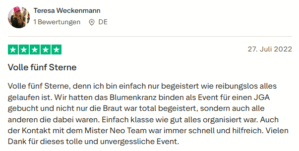 positive Bewertung zum Blumenkranz binden Workshop mit Mister Neo