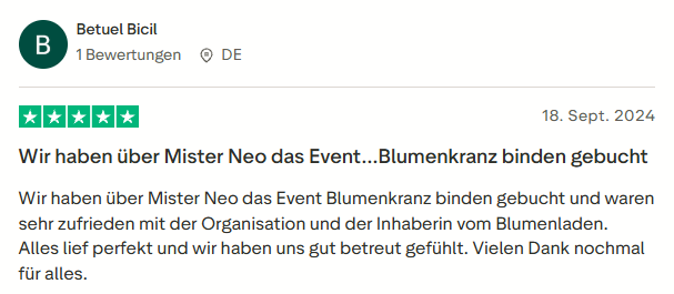 positive Bewertung zum Blumenkranz binden Workshop mit Mister Neo