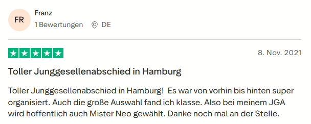 positive Bewertung zum Junggesellenabschied mit Mister Neo