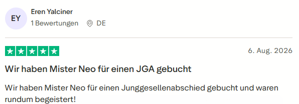 positive Bewertung zum Junggesellenabschied mit Mister Neo